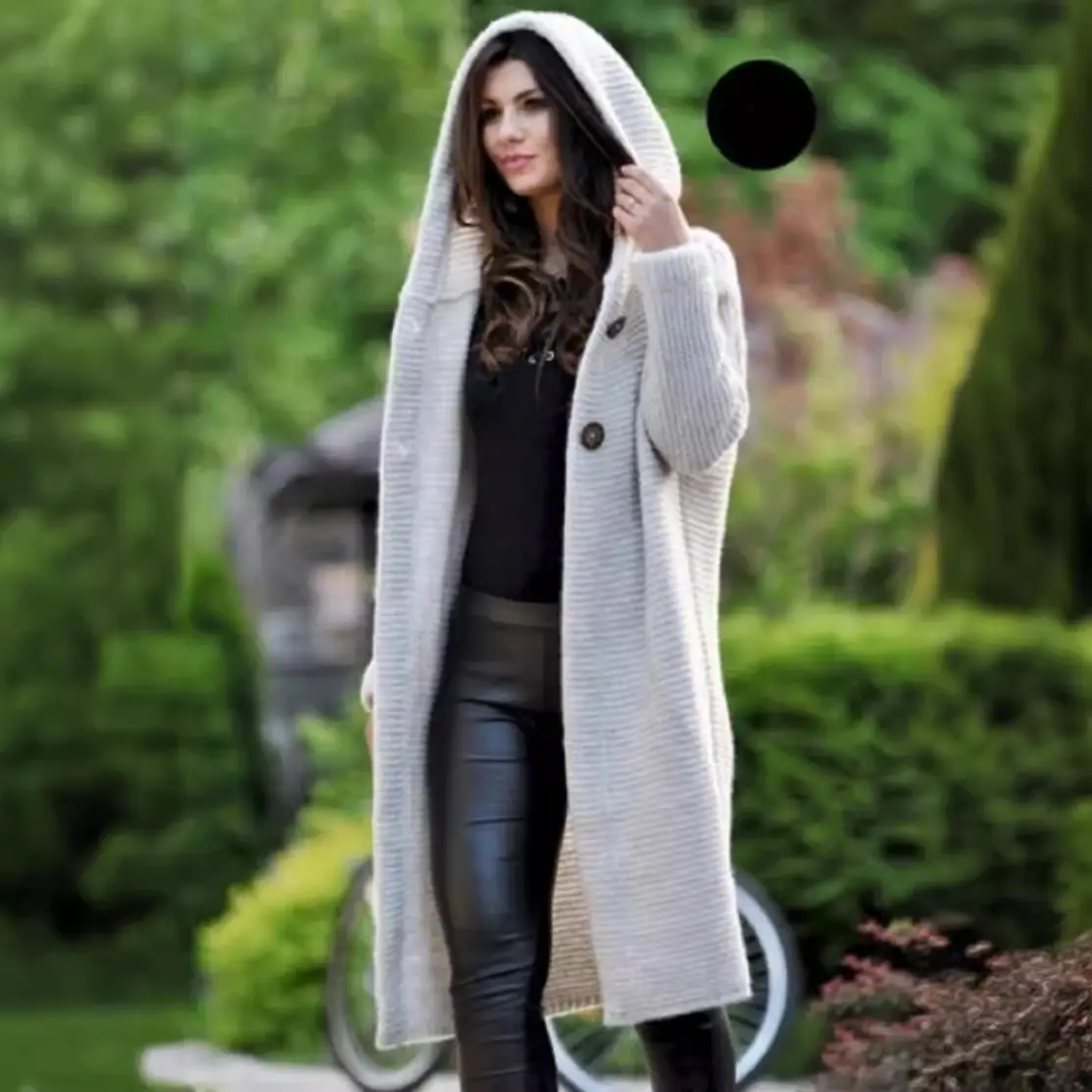Extra Long Hooded Mid-Length Sweater Jacket White - Image 11