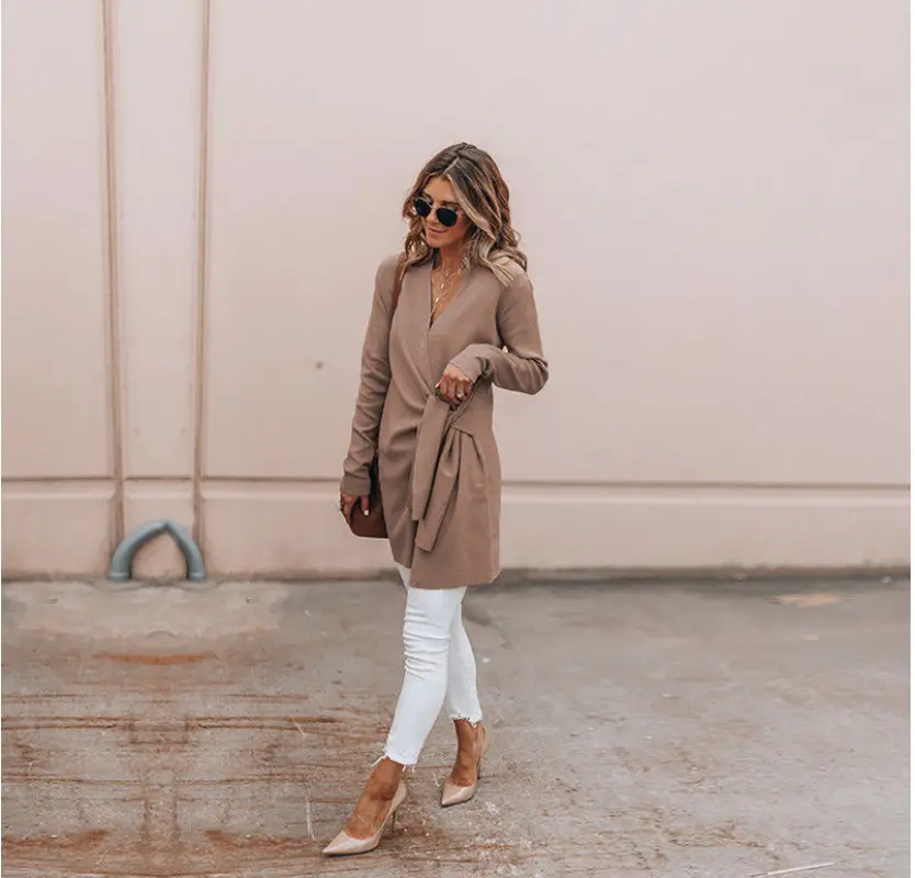 Women Woolen V-Neck Belt Coat Grey 2018 Winter - Image 2