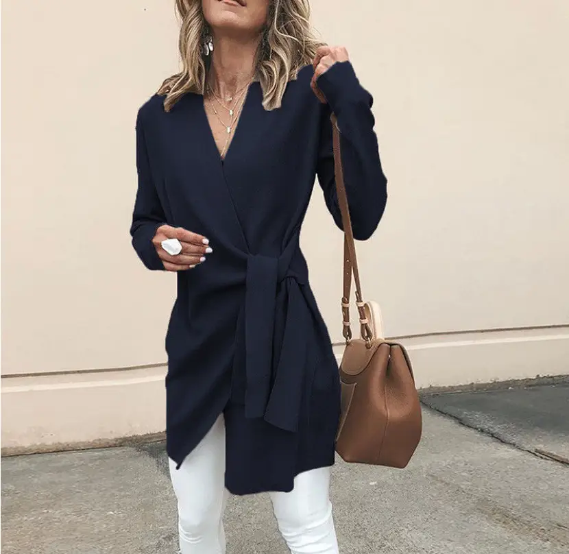 Women Woolen V-Neck Belt Coat Grey 2018 Winter - Image 3
