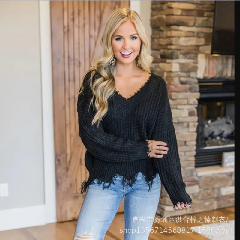 Women's 2023 Knit V-Neck Loose Pullover Sweater Mint Green - Image 9