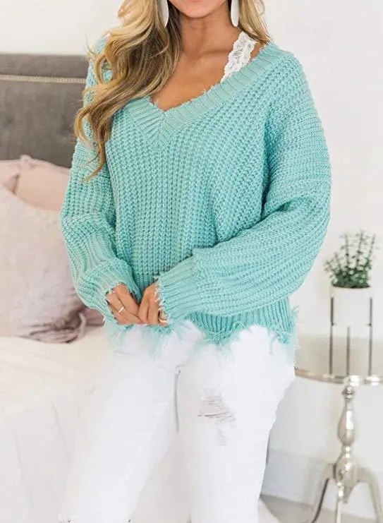 Women's 2023 Knit V-Neck Loose Pullover Sweater Mint Green - Image 4