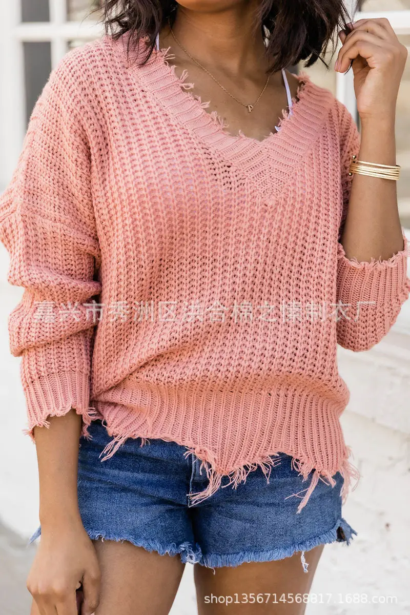 Women's 2023 Knit V-Neck Loose Pullover Sweater Mint Green - Image 5
