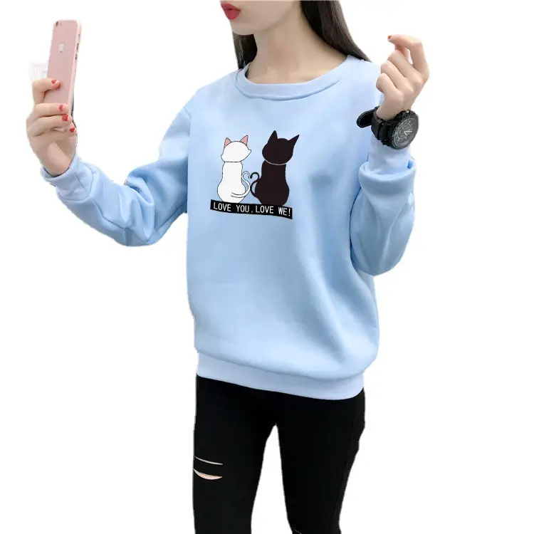 Light Blue Fleece Lined Sweatshirt for Women, Korean Style, Loose Fit - Image 14