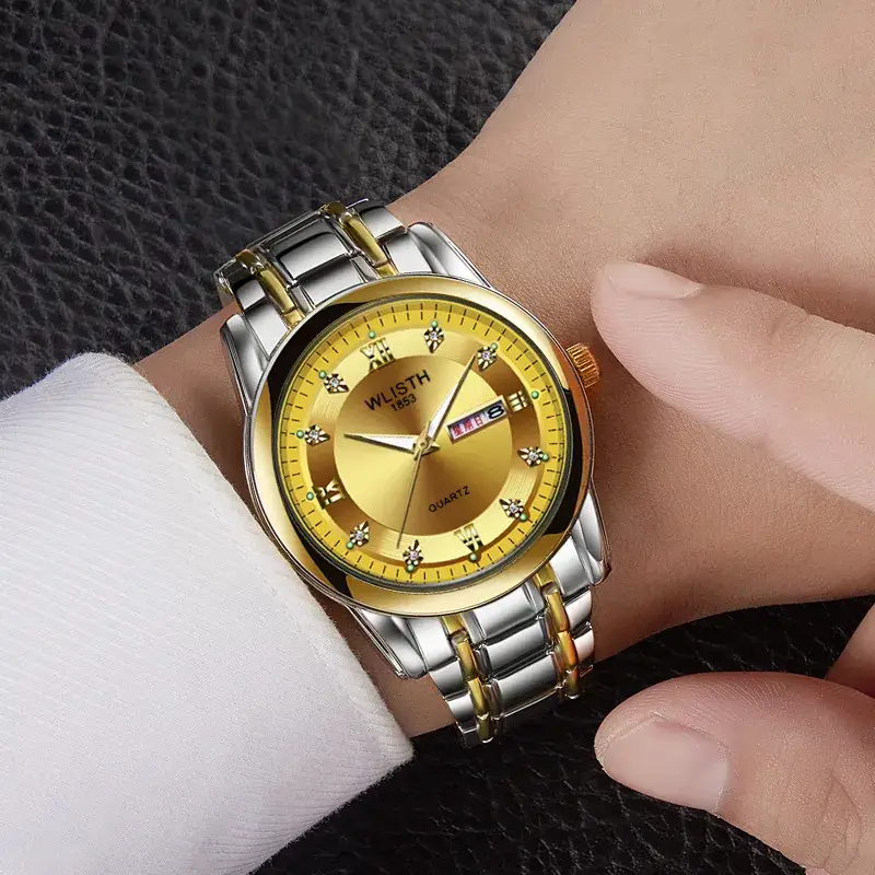 Swiss Style Men's Quartz Watch Gold Silver Dual Calendar - Image 2