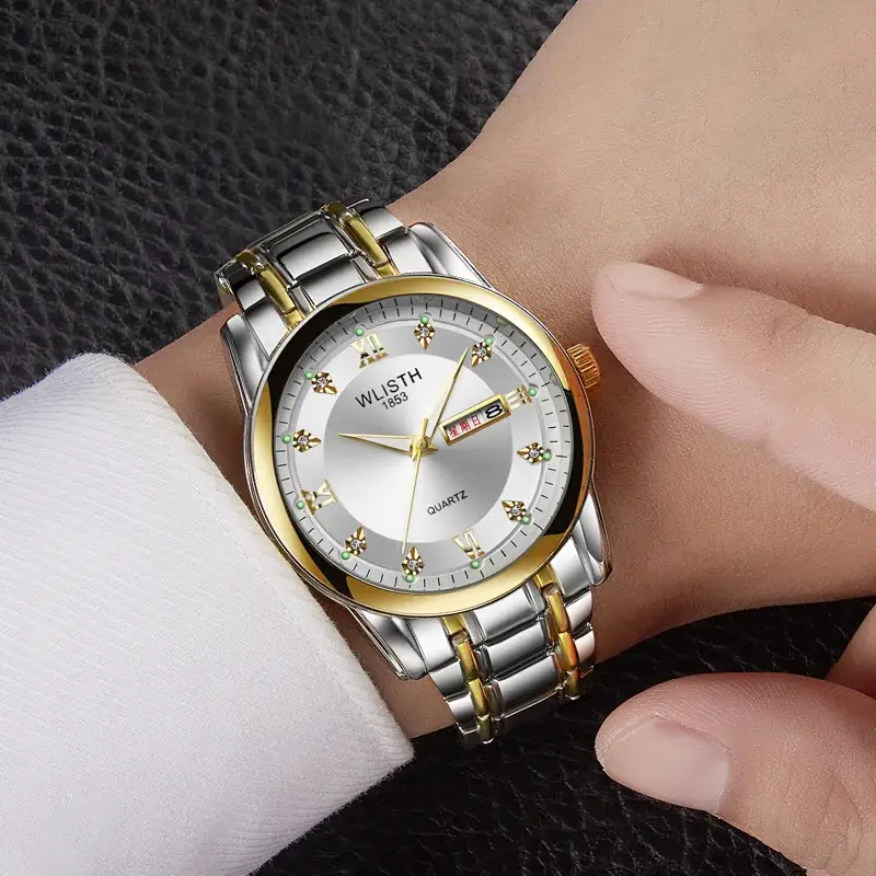 Swiss Style Men's Quartz Watch Gold Silver Dual Calendar - Image 3