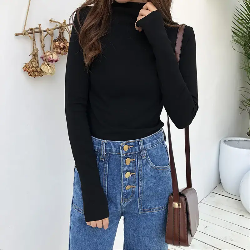 Women's Black Long Sleeve T-Shirt Solid Color 2025 — feature 5
