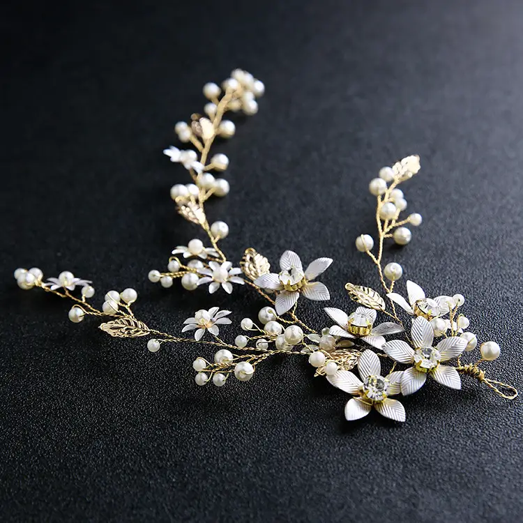 Golden Bridal Hair Accessories with White Beads - Image 5