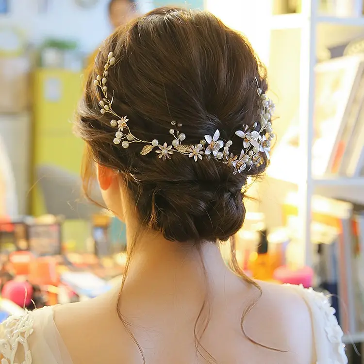 Golden Bridal Hair Accessories with White Beads - Image 6