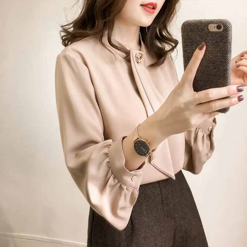 2023 Women's Chiffon Lantern Sleeve Shirt Brown Long Sleeve - Image 6