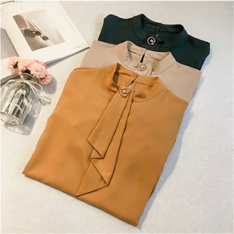 2023 Women's Chiffon Lantern Sleeve Shirt Brown Long Sleeve - Image 7