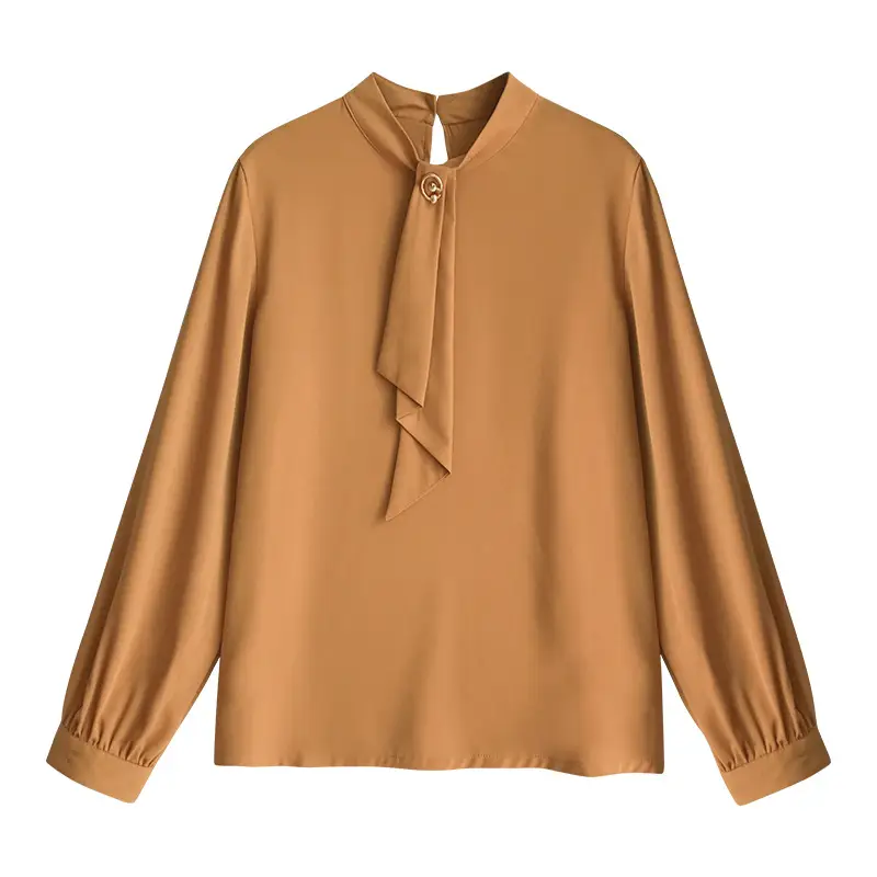 2023 Women's Chiffon Lantern Sleeve Shirt Brown Long Sleeve - Image 8