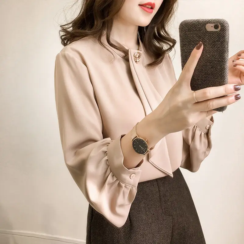 2023 Women's Chiffon Lantern Sleeve Shirt Brown Long Sleeve - Image 3