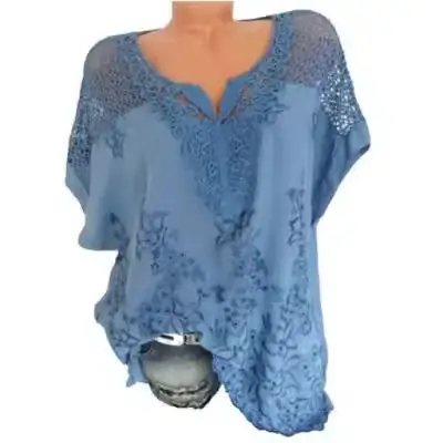 Black Lace V-Neck Embroidered Short Sleeve Top - Image 7