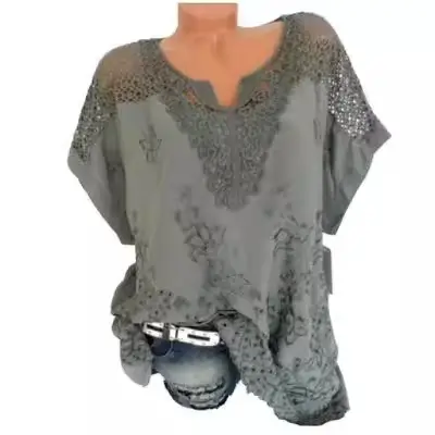 Black Lace V-Neck Embroidered Short Sleeve Top - Image 8