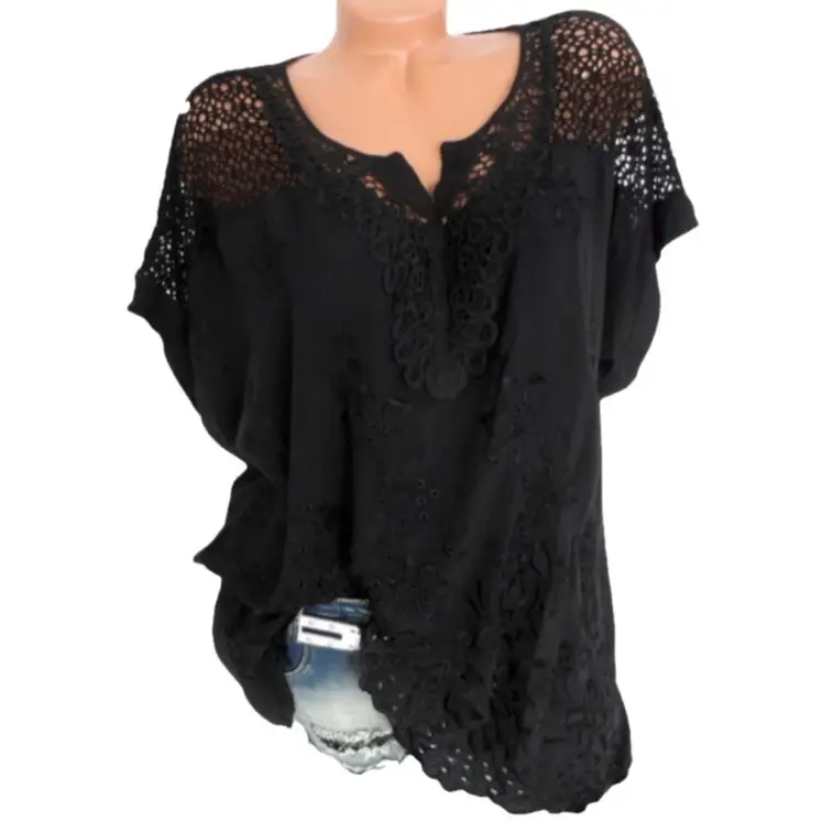 Black Lace V-Neck Embroidered Short Sleeve Top - Image 10