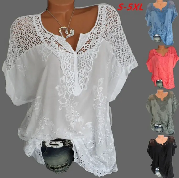Black Lace V-Neck Embroidered Short Sleeve Top — feature 2