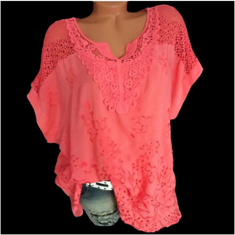 Black Lace V-Neck Embroidered Short Sleeve Top — feature 4