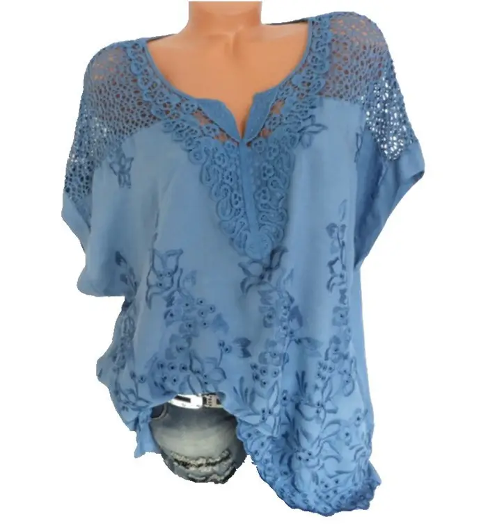 Black Lace V-Neck Embroidered Short Sleeve Top — feature 7