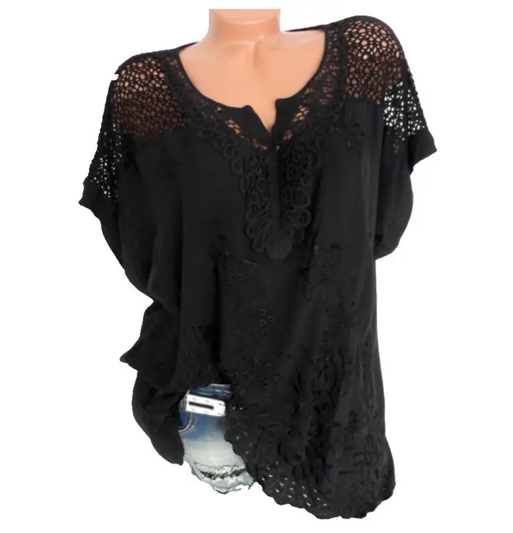 Black Lace V-Neck Embroidered Short Sleeve Top - Image 2