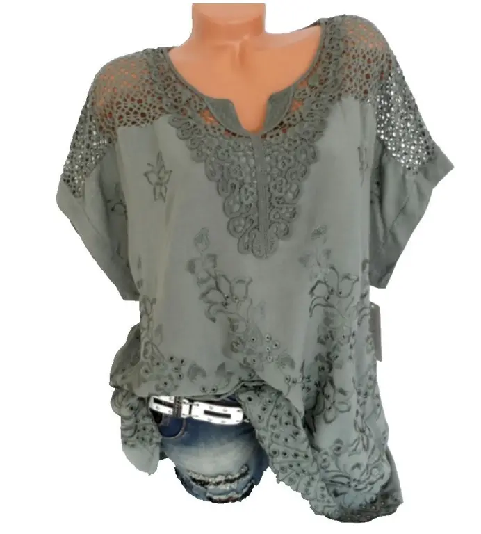 Black Lace V-Neck Embroidered Short Sleeve Top - Image 3