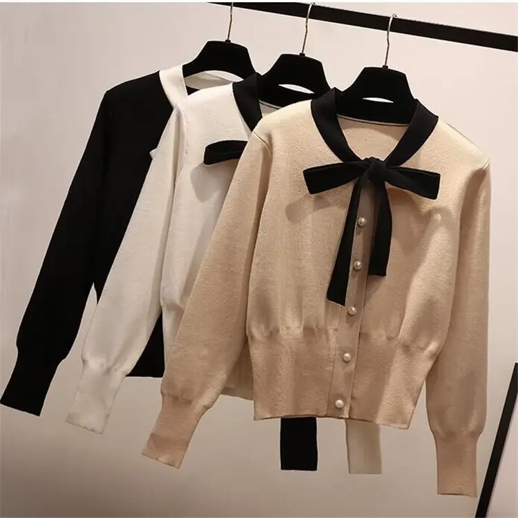 Women's Beige Knitted Bow Cardigan Sweater - Image 2