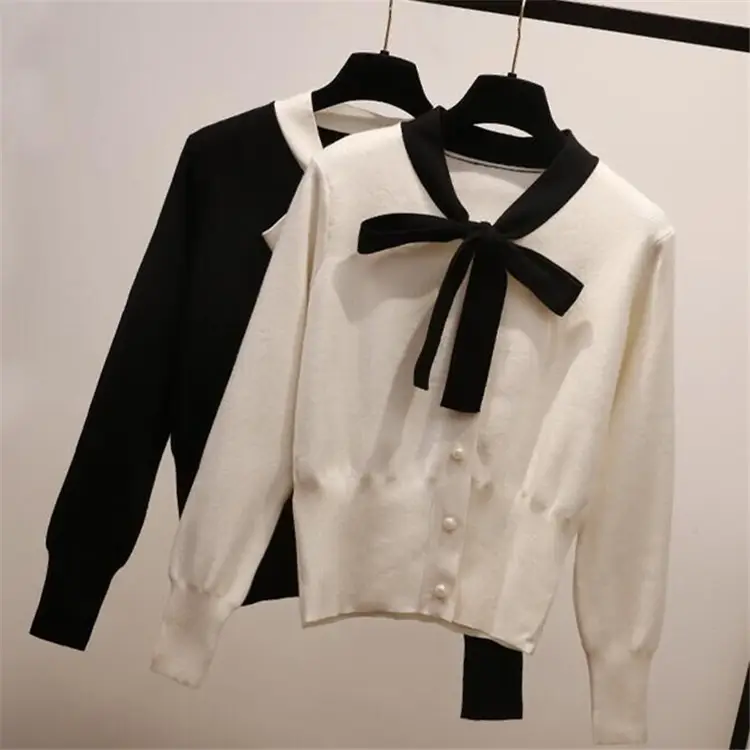 Women's Beige Knitted Bow Cardigan Sweater - Image 3