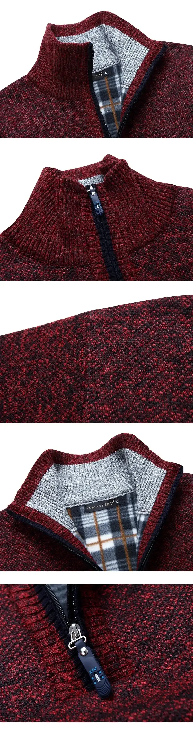 Men's Fleece Lined Maroon Sweater with Half-High Collar — feature 4