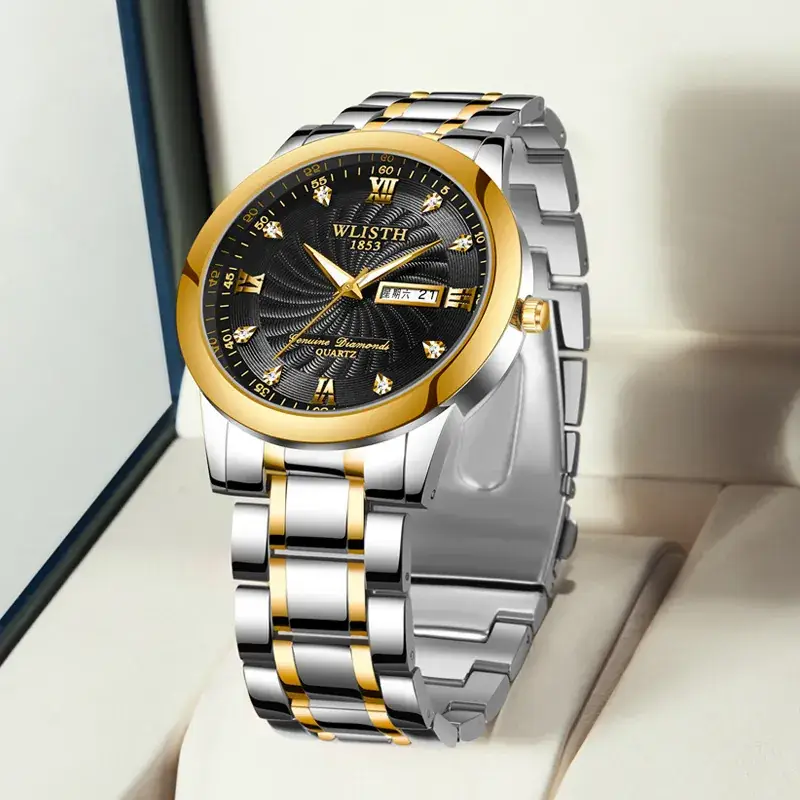 Men's Gold Silver Diamond Calendar Watch - Image 6
