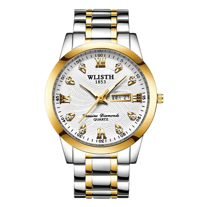 Men's Gold Silver Diamond Calendar Watch - Image 2