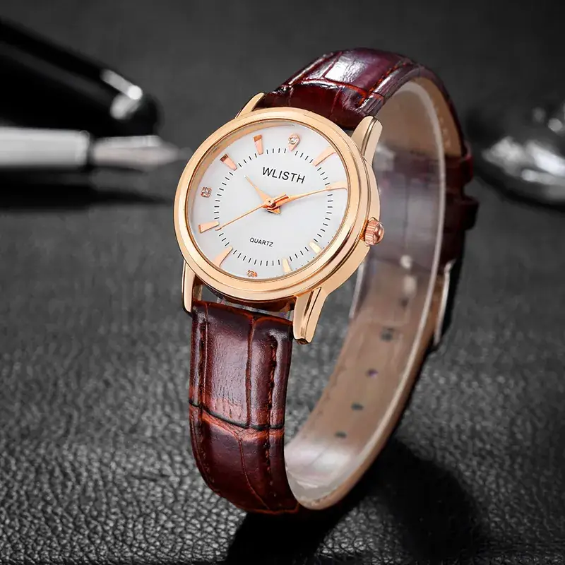 Women's Rose Gold Quartz Watch with Brown Leather Strap - Image 3