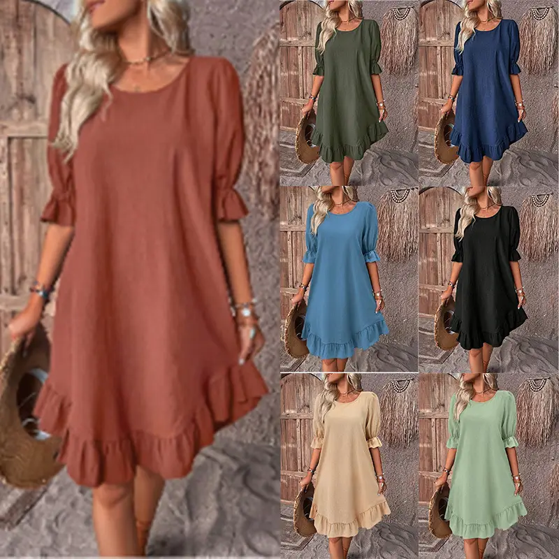 2024 Women's Cotton Linen Half Sleeve Dress Solid Color Loose Swing - Image 8