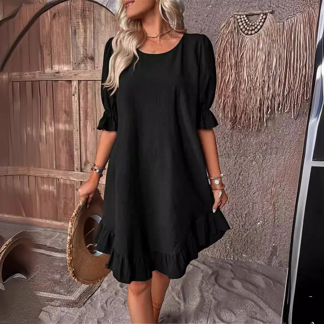 2024 Women's Cotton Linen Half Sleeve Dress Solid Color Loose Swing - Image 9
