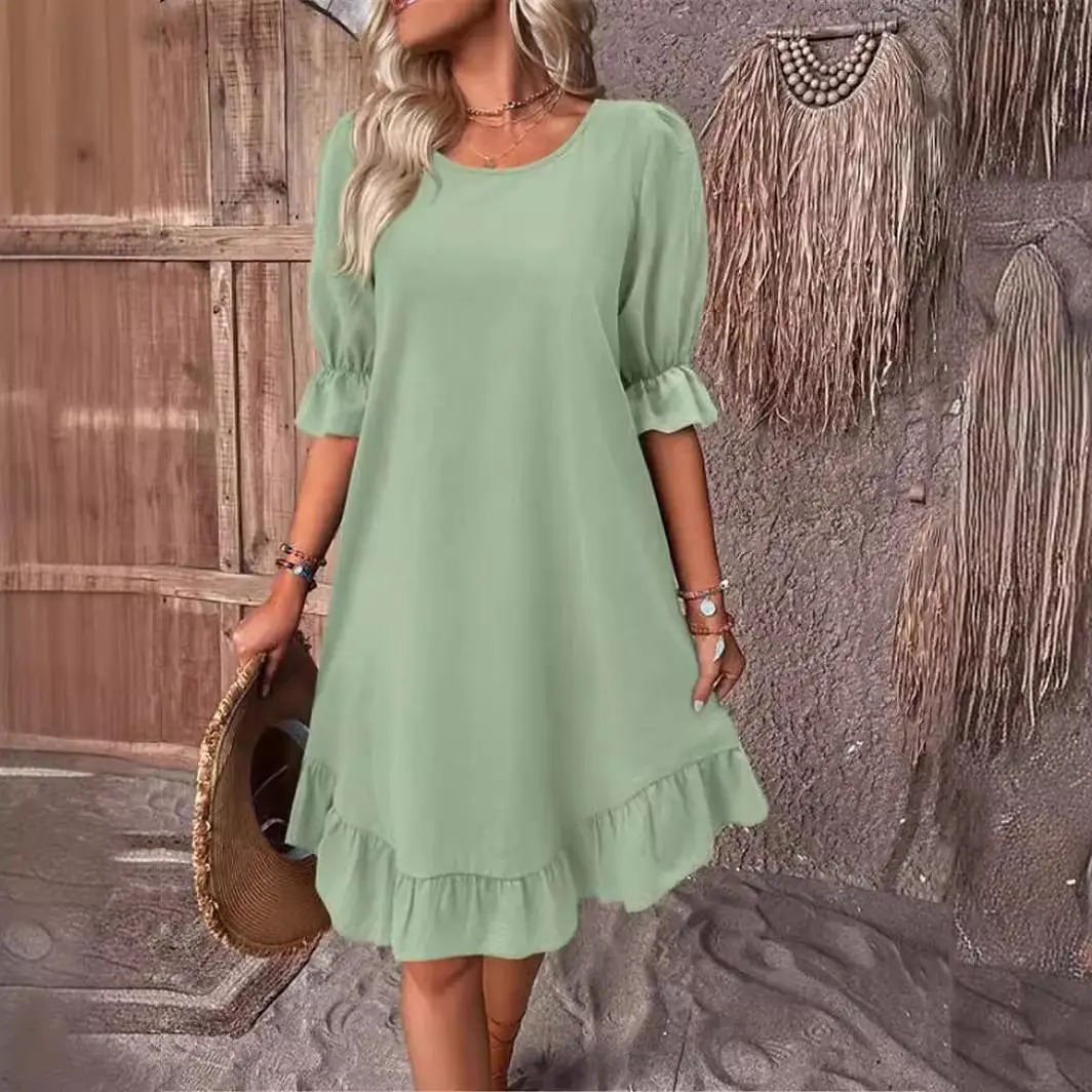 2024 Women's Cotton Linen Half Sleeve Dress Solid Color Loose Swing - Image 10