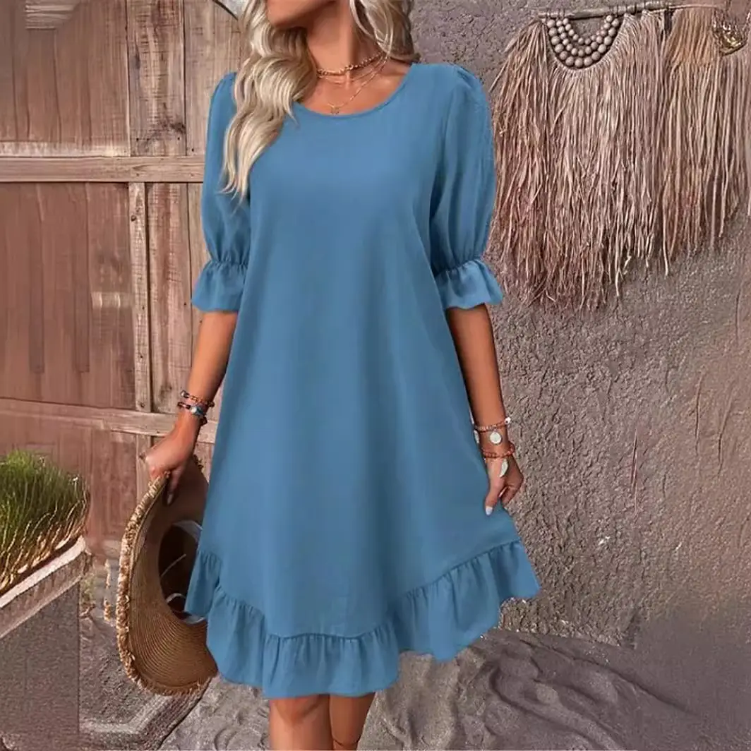 2024 Women's Cotton Linen Half Sleeve Dress Solid Color Loose Swing - Image 11