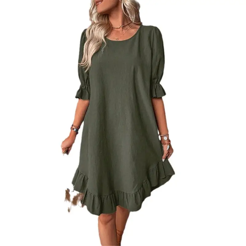 2024 Women's Cotton Linen Half Sleeve Dress Solid Color Loose Swing - Image 12