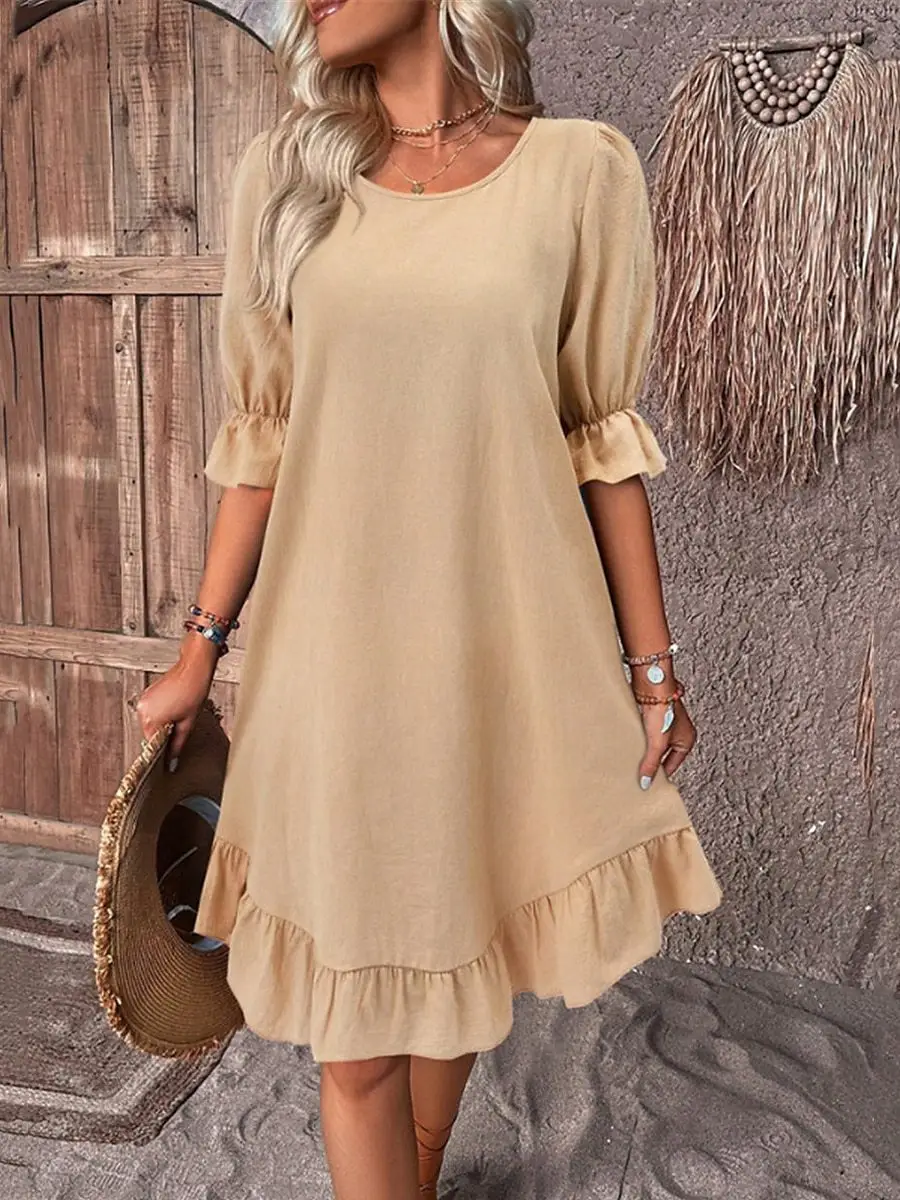 2024 Women's Cotton Linen Half Sleeve Dress Solid Color Loose Swing - Image 2