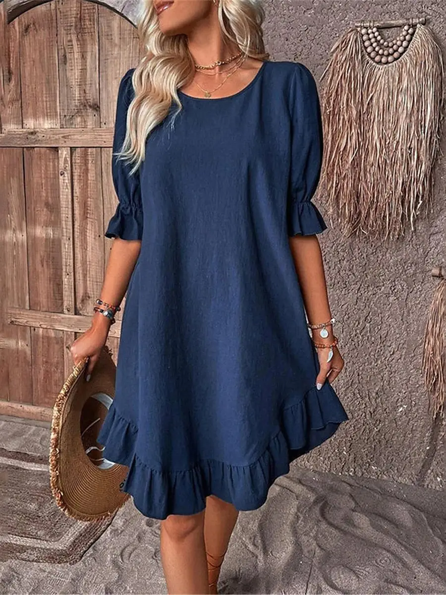 2024 Women's Cotton Linen Half Sleeve Dress Solid Color Loose Swing - Image 5