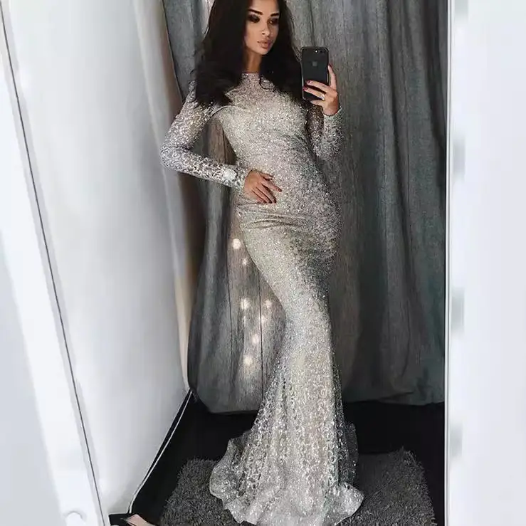 Silver Sequin Long Sleeve Bodycon Dress for Women - Image 3