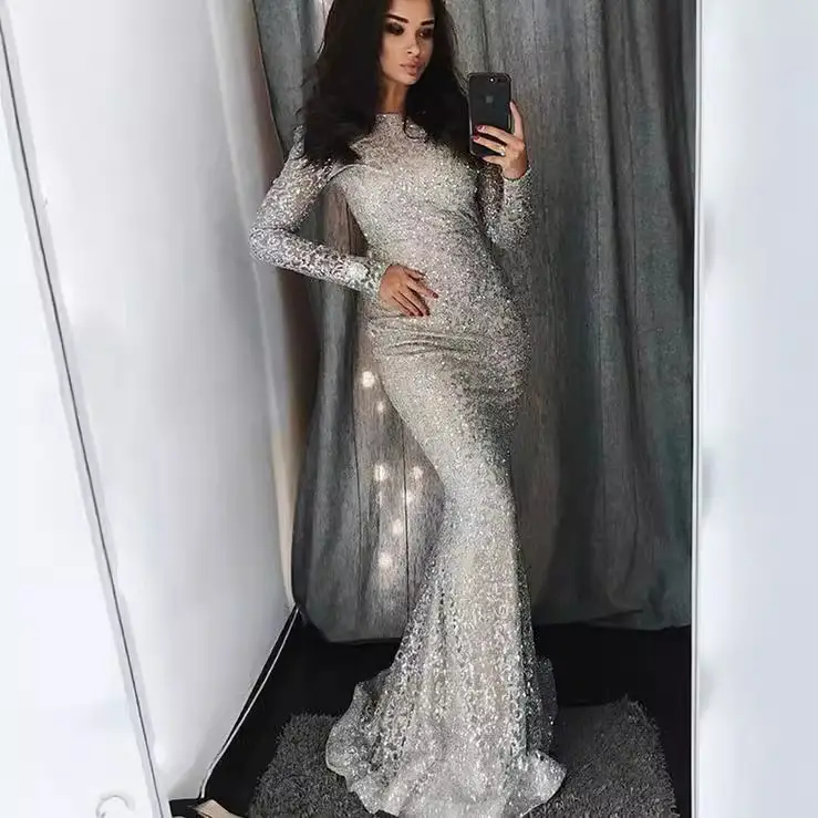 Silver Sequin Long Sleeve Bodycon Dress for Women - Image 4