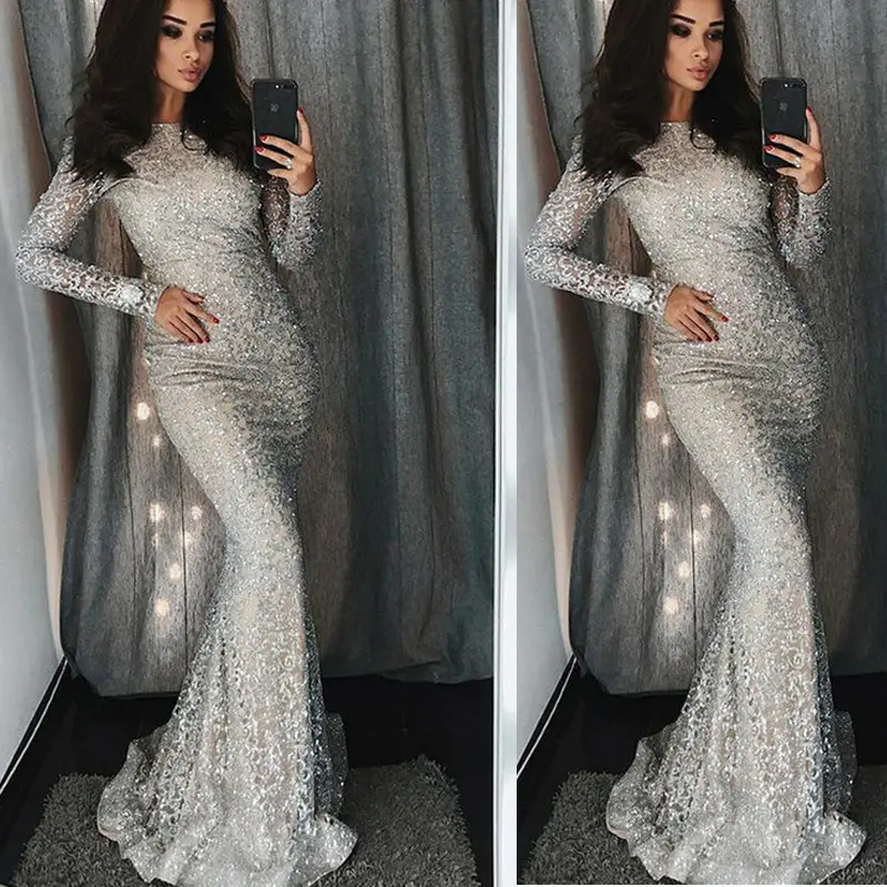 Silver Sequin Long Sleeve Bodycon Dress for Women — feature 6