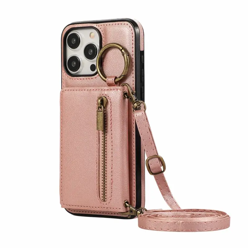 Apple iPhone 17 Pro Case Brown Leather Crossbody Zipper - Image 2