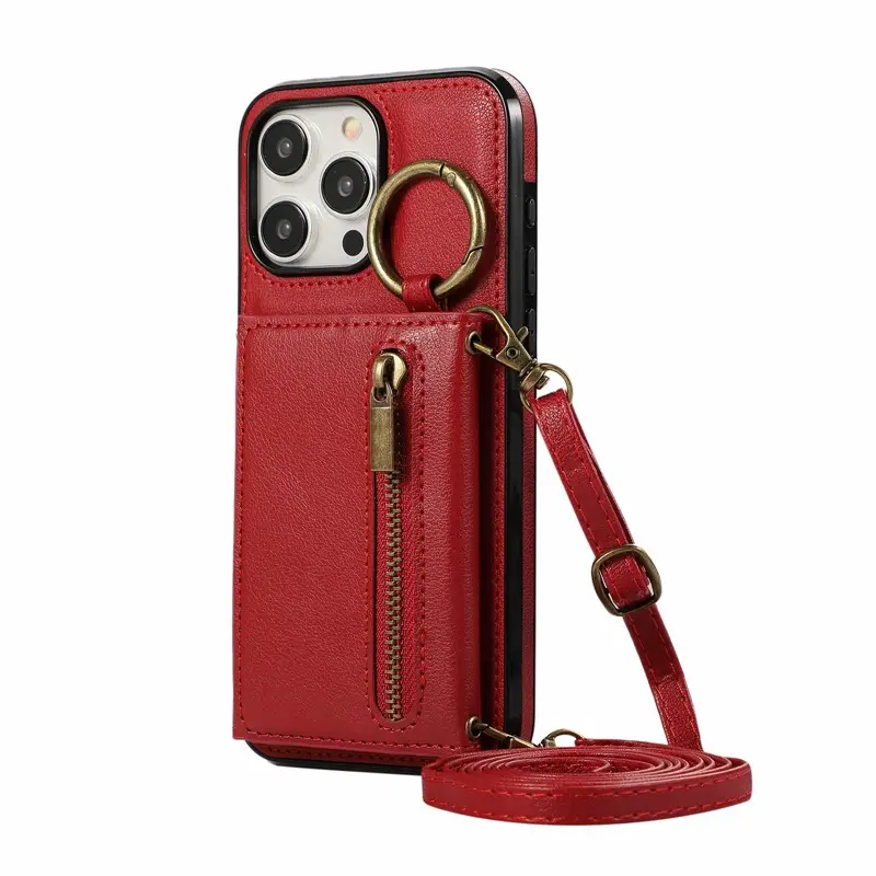 Apple iPhone 17 Pro Case Brown Leather Crossbody Zipper - Image 3