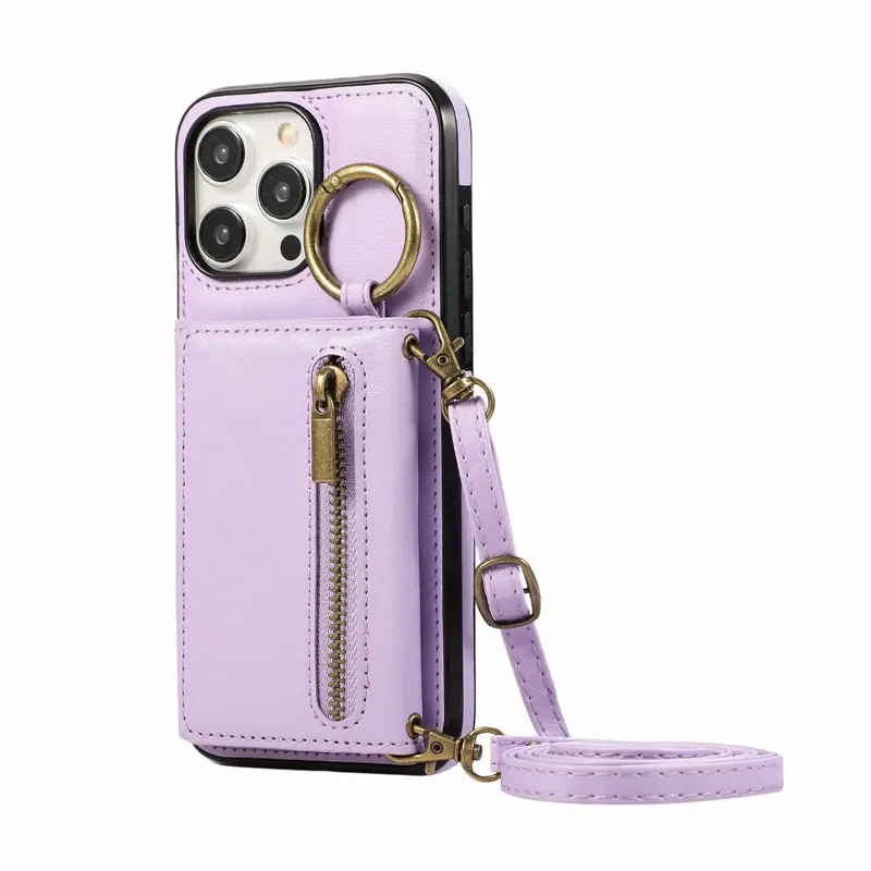 Apple iPhone 17 Pro Case Brown Leather Crossbody Zipper - Image 4