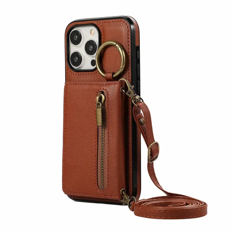 Apple iPhone 17 Pro Case Brown Leather Crossbody Zipper - Image 5