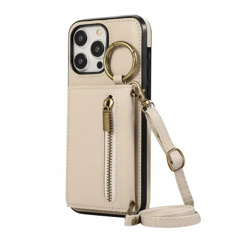 Apple iPhone 17 Pro Case Brown Leather Crossbody Zipper - Image 6