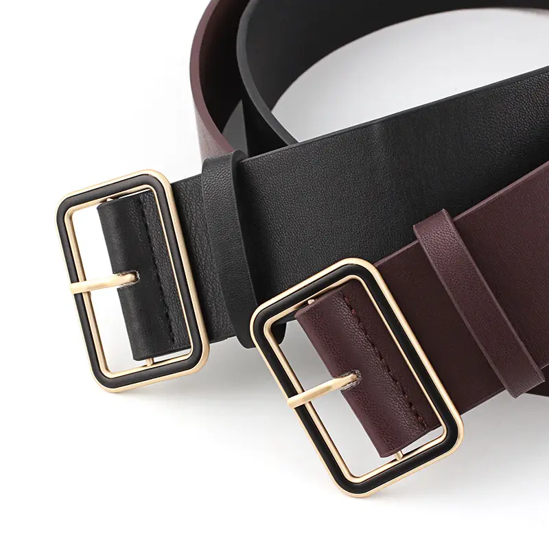 Black Leather Belt with Gold Square Buckle for Women - Image 4