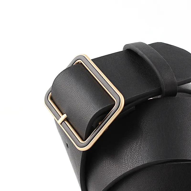 Black Leather Belt with Gold Square Buckle for Women - Image 5