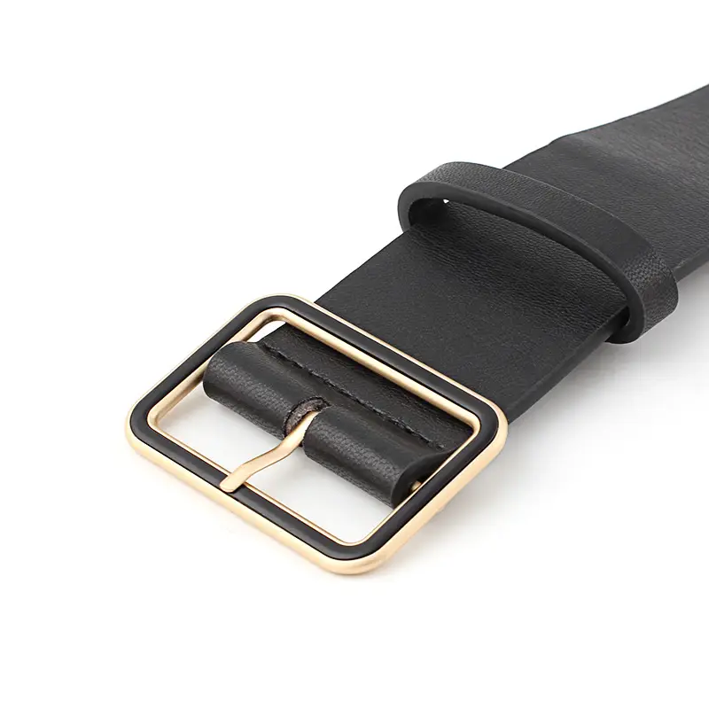 Black Leather Belt with Gold Square Buckle for Women - Image 6
