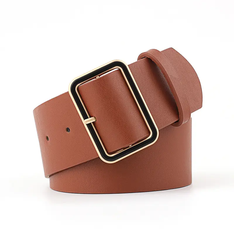 Black Leather Belt with Gold Square Buckle for Women - Image 2