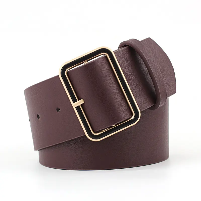 Black Leather Belt with Gold Square Buckle for Women - Image 3